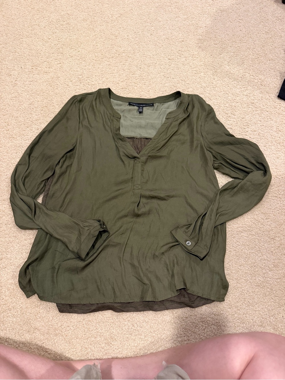 White House Black Market Olive Green Long-Sleeve Split-Neck